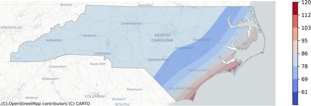 North Carolina tropical cyclone risk heat map: Regions color-coded based on frequency of hurricanes and tropical storms, weighted by wind speed, derived from NOAA's historical cyclone track data